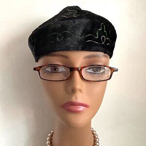 Vintage House AAMA Peak Skullcap Black Velveteen Hand Embroidered Hat Beanie